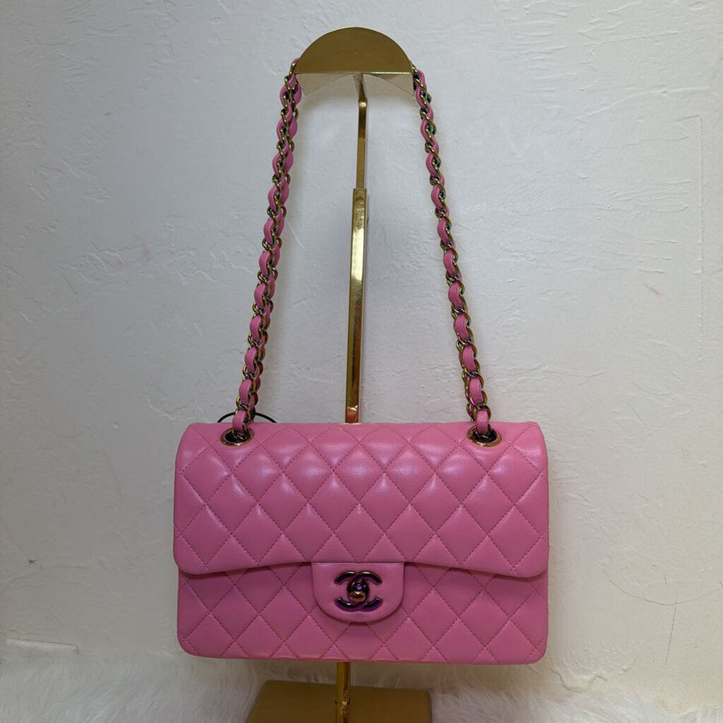 2021 Pink Lambskin Small Double Flap w Rainbow Iridescent Hardware