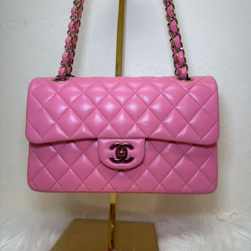 2021 Pink Lambskin Small Double Flap w Rainbow Iridescent Hardware