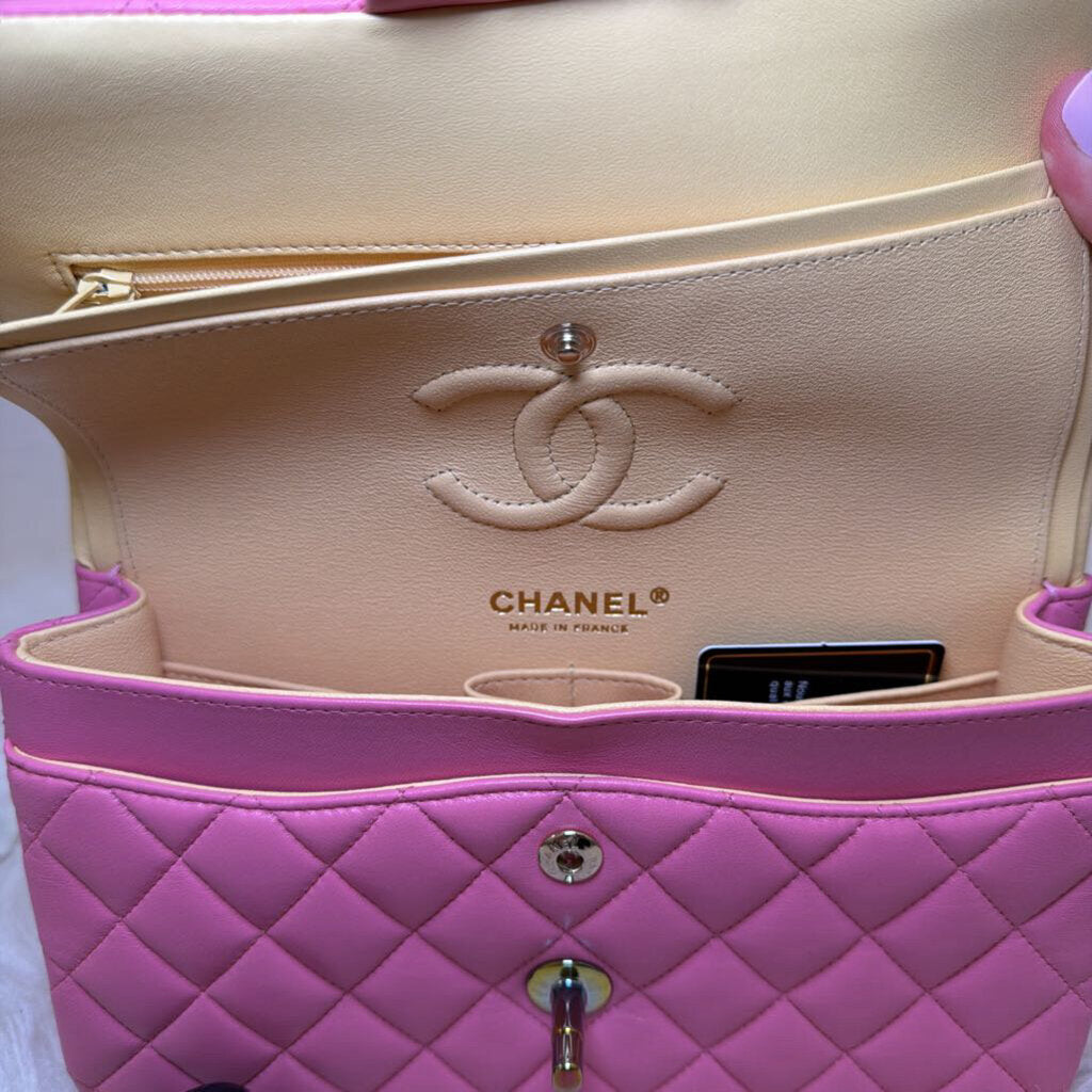 2021 Pink Lambskin Small Double Flap w Rainbow Iridescent Hardware