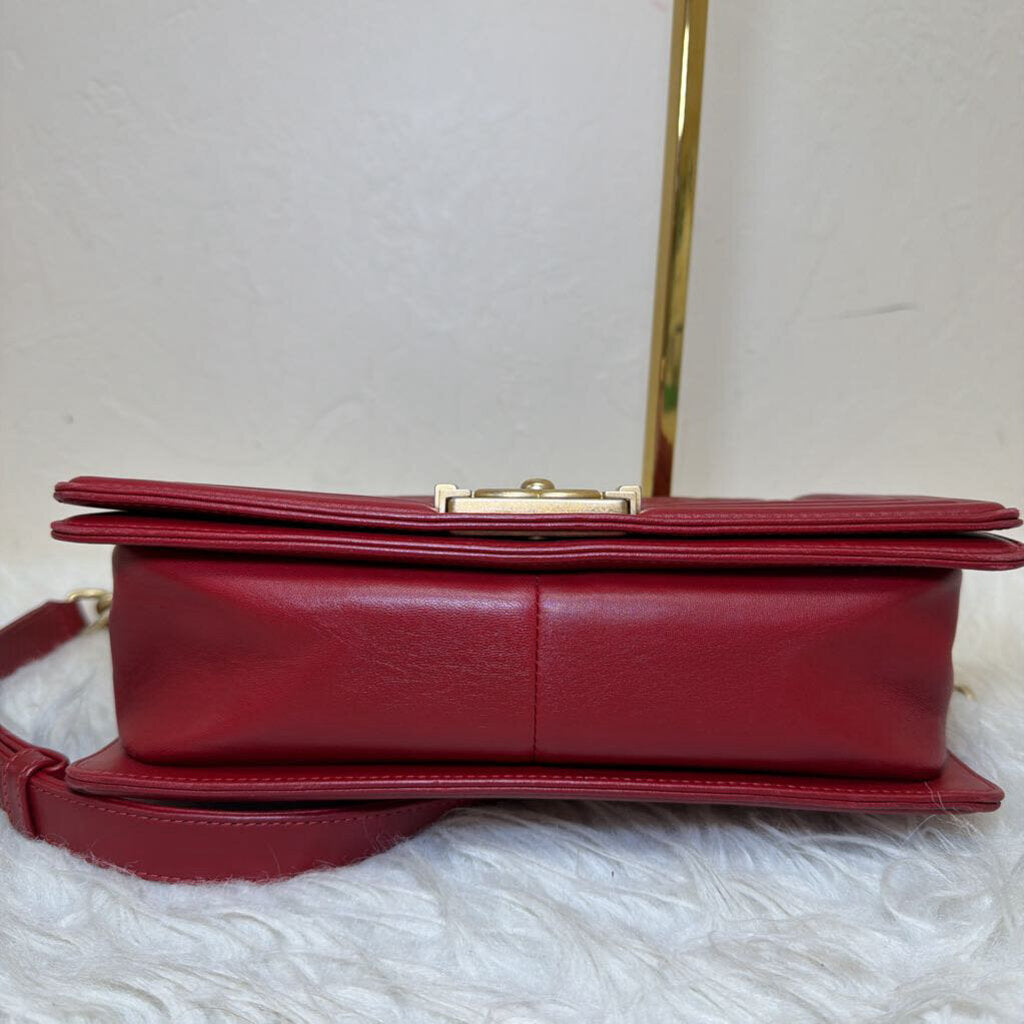 Red Calfskin Quilted Medium Boy Bag