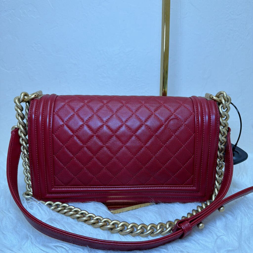 Red Calfskin Quilted Medium Boy Bag