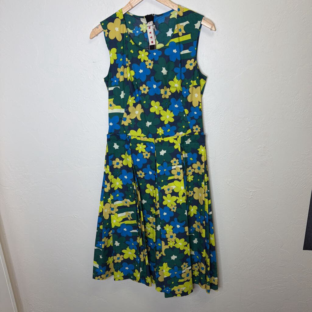 Pleated Floral Print Cotton Midi Dress