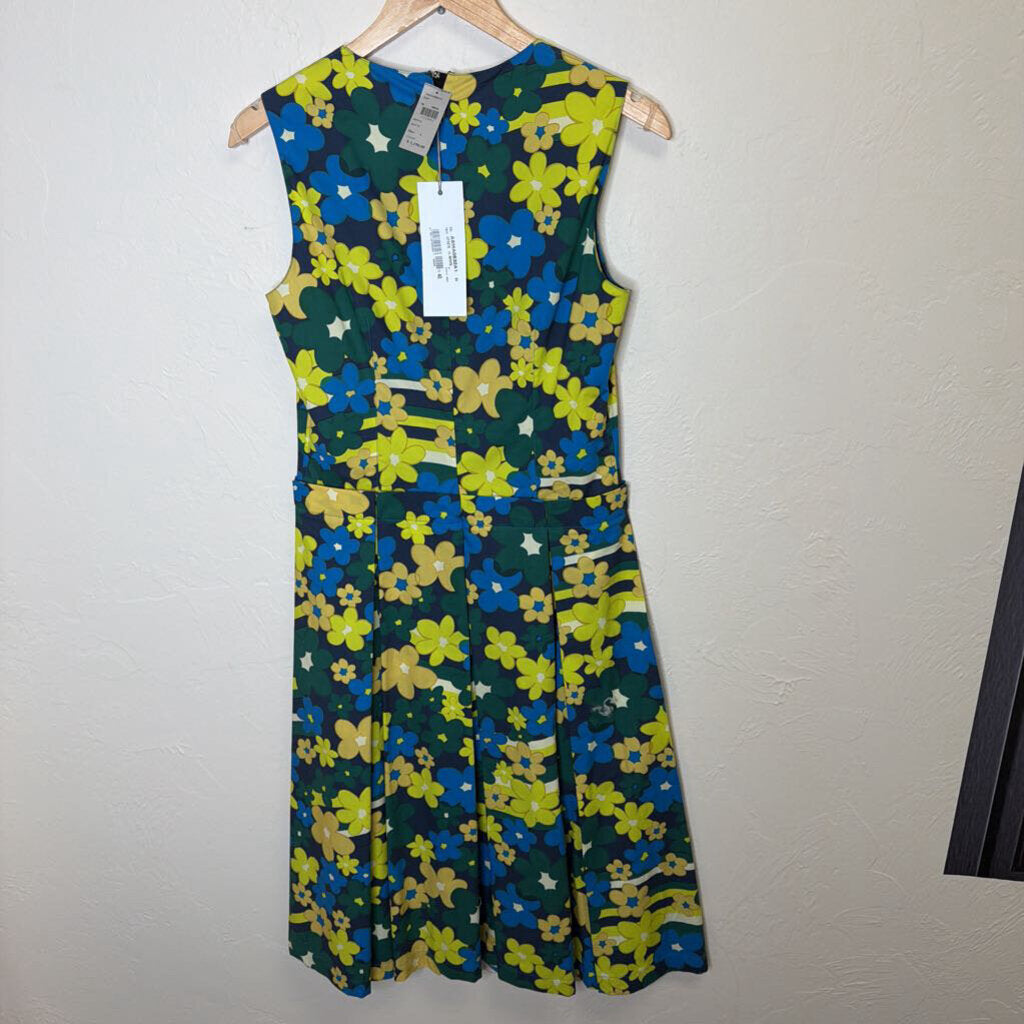 Pleated Floral Print Cotton Midi Dress