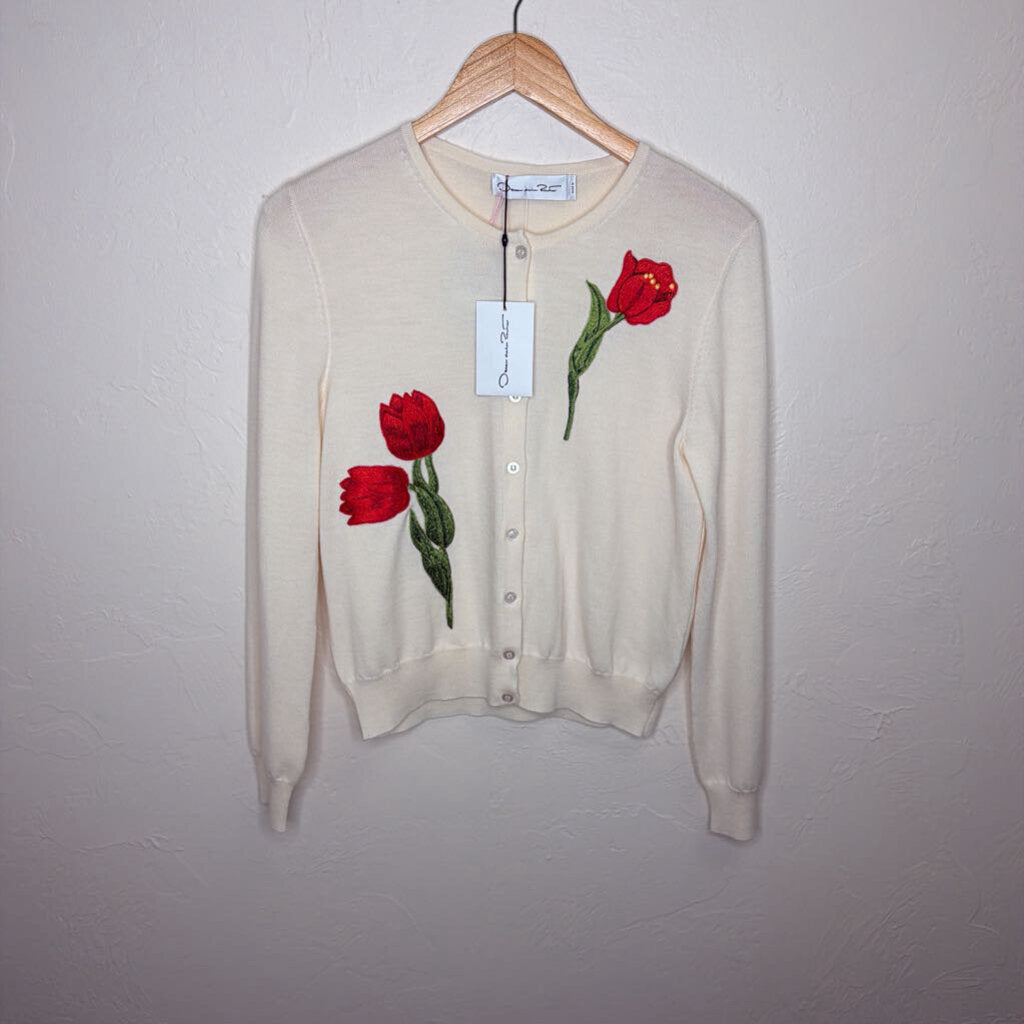 Embroidered Tulip Cropped Wool Cardigan