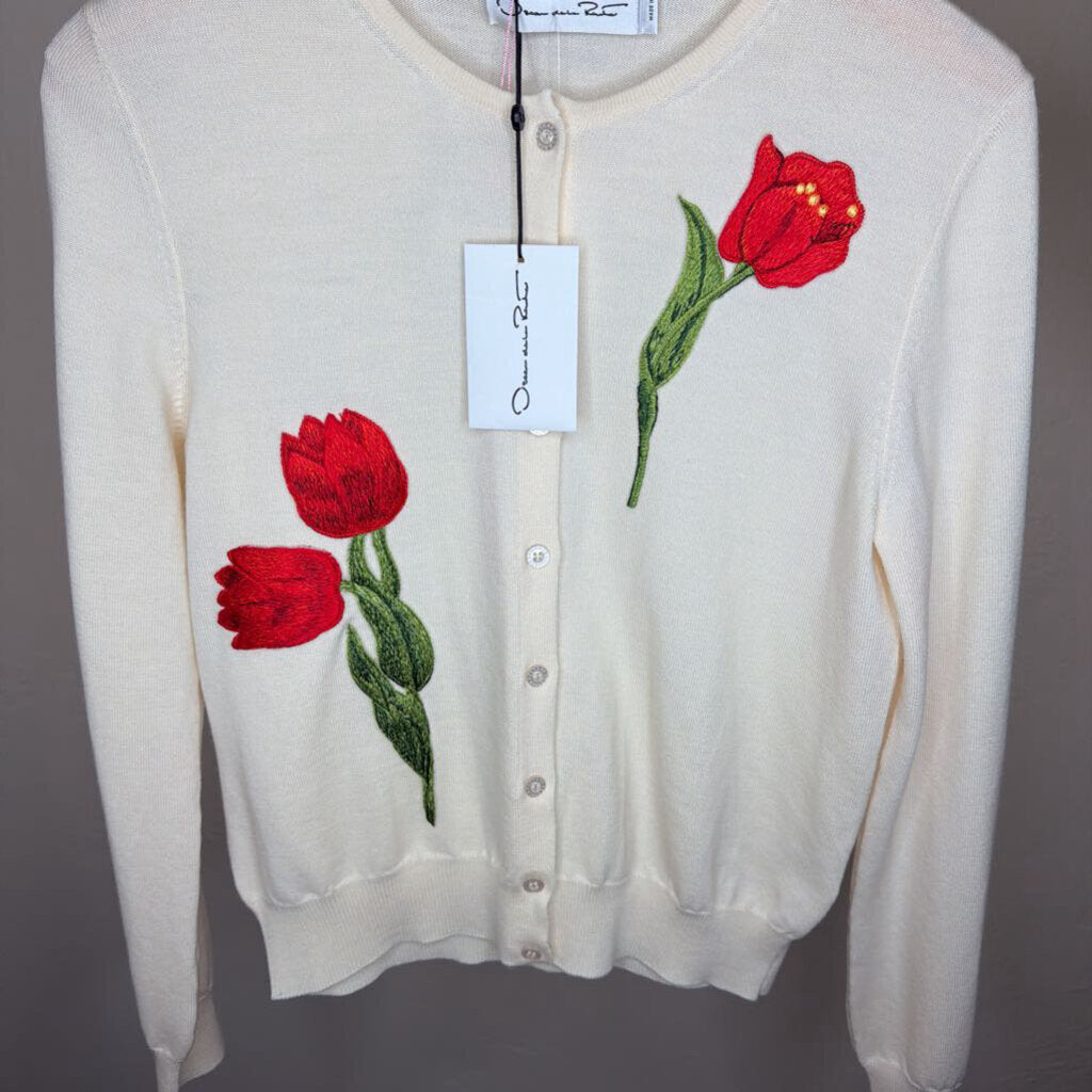 Embroidered Tulip Cropped Wool Cardigan
