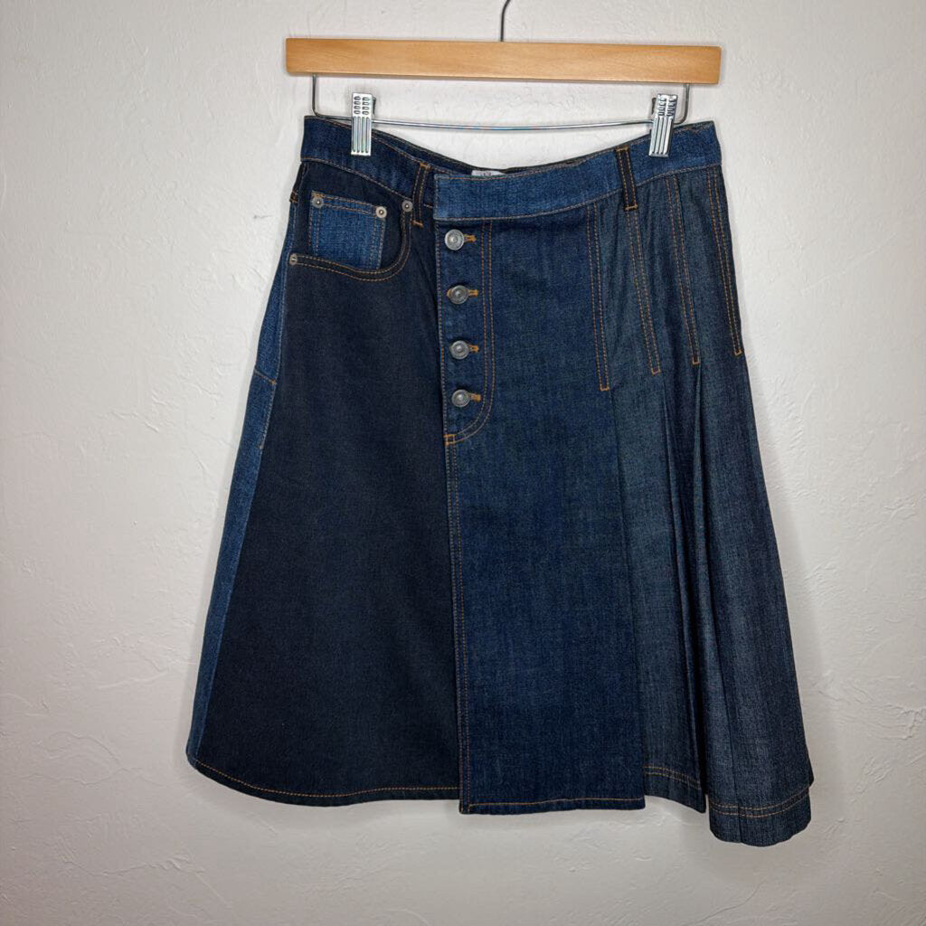 Denim Pleated Skirt w/ Off Center Button Placket