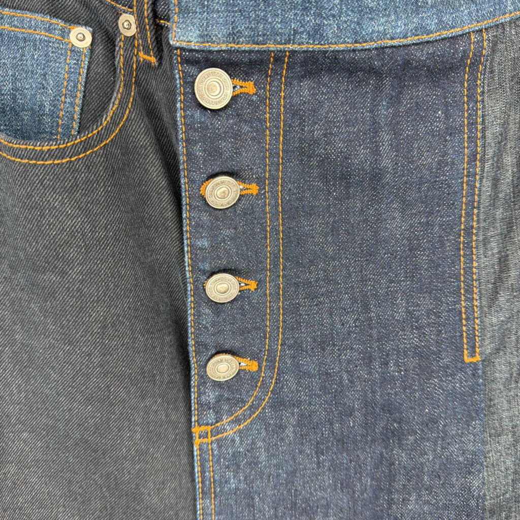 Denim Pleated Skirt w/ Off Center Button Placket
