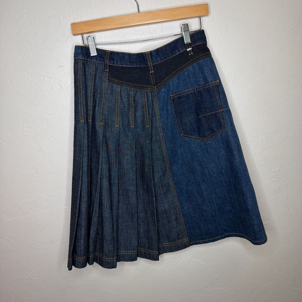 Denim Pleated Skirt w/ Off Center Button Placket