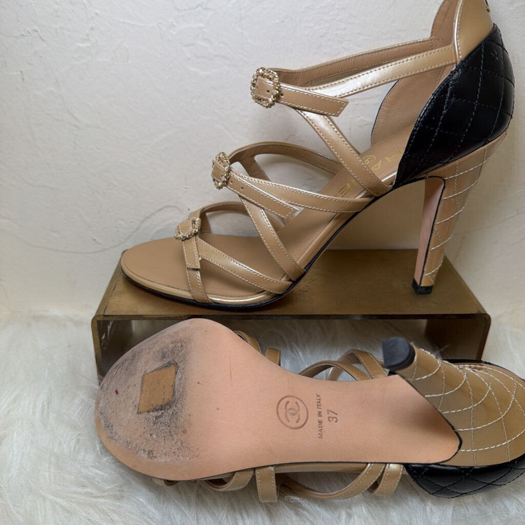 Strappy Nude Patent Leather Heels