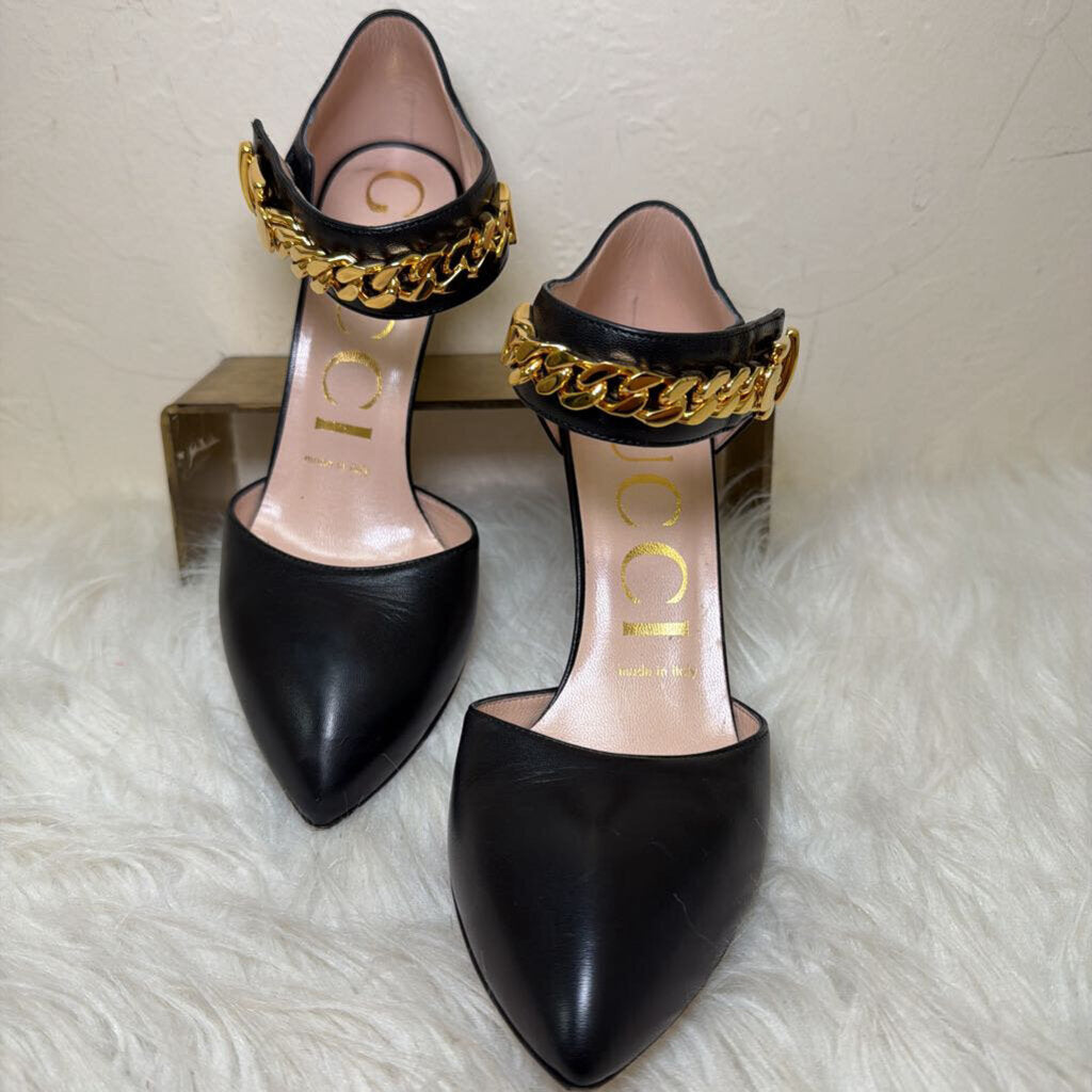 Sylvie Leather Pumps w/ Gold Chain Detail