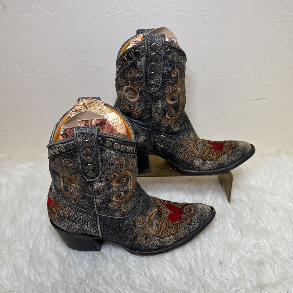 Black Distressed Leather Embroidered Boots