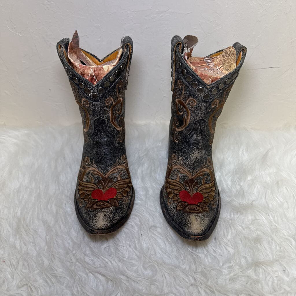 Black Distressed Leather Embroidered Boots