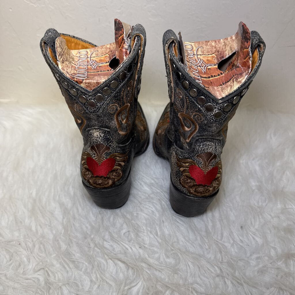 Black Distressed Leather Embroidered Boots