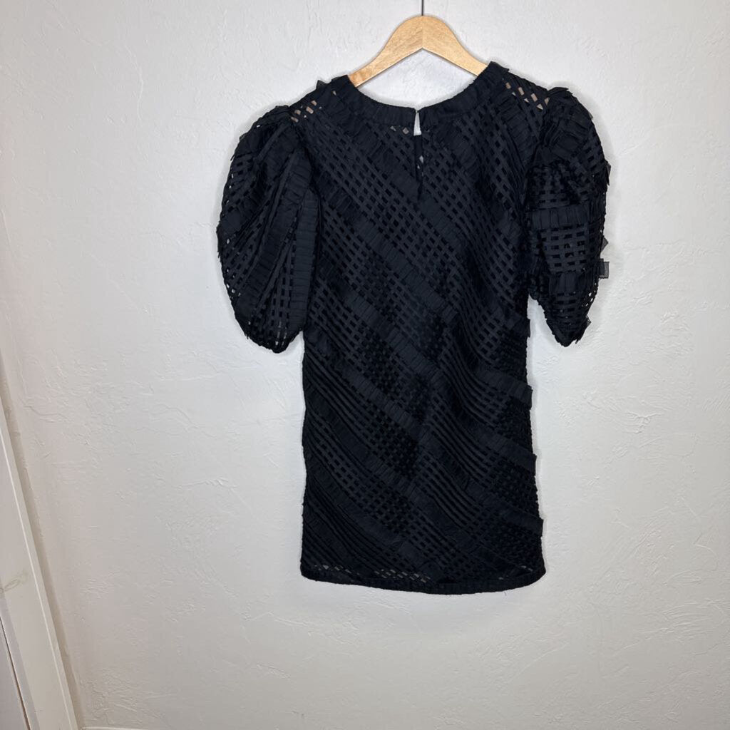 Grid Textured Mesh Puff Sleeve Dress