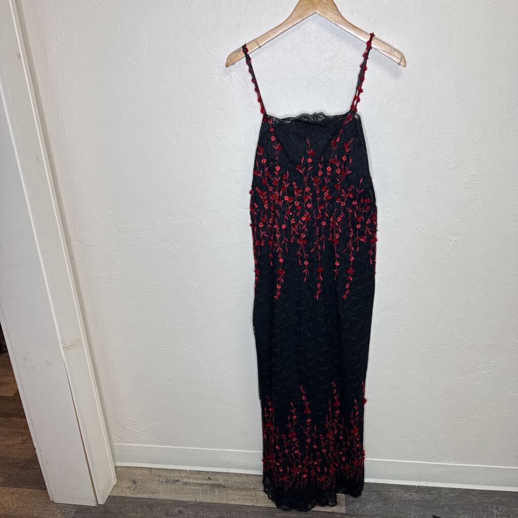 Red Floral Sheer Black Lace Formal Gown