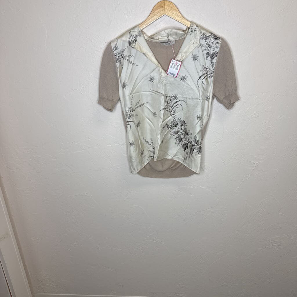 Vintage Silk Floral Print Collared Short SleeveBlouse