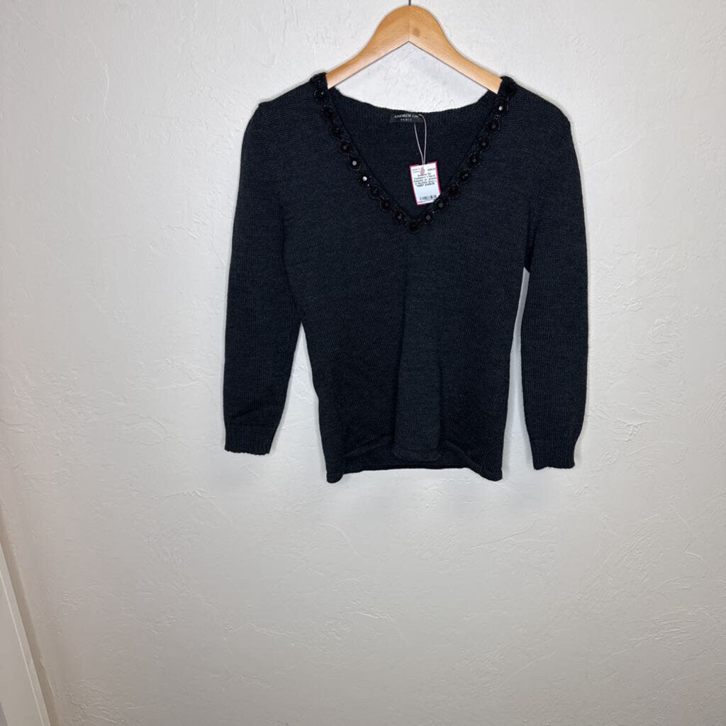 Cashmere V-Neck Sweater w/ Jewels at Neckline