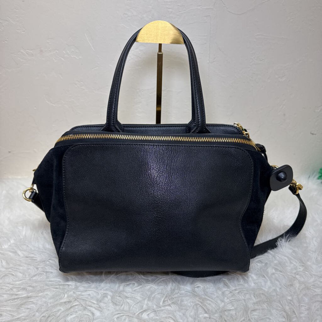 Black Leather Handbag with Gold Zipper