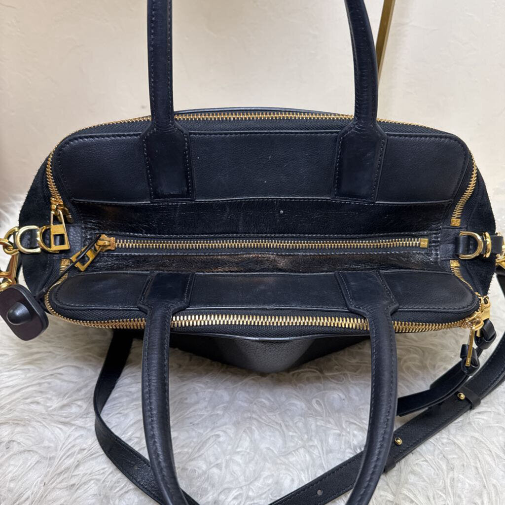 Black Leather Handbag with Gold Zipper