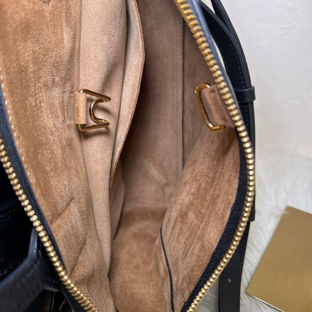 Black Leather Handbag with Gold Zipper