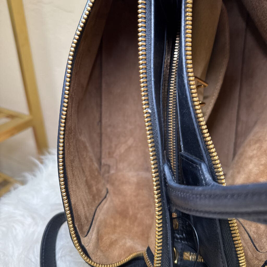 Black Leather Handbag with Gold Zipper