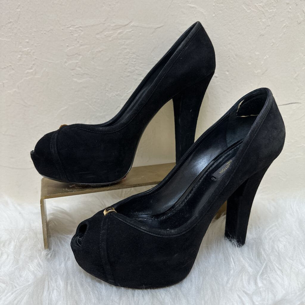 Suede Peep Toe Platform Heel w/ Gold Logo