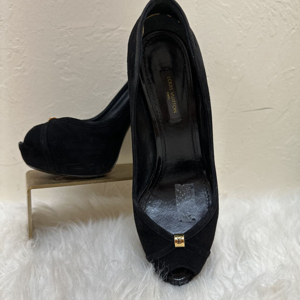 Suede Peep Toe Platform Heel w/ Gold Logo