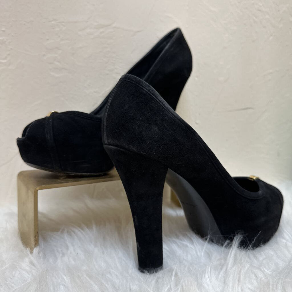Suede Peep Toe Platform Heel w/ Gold Logo