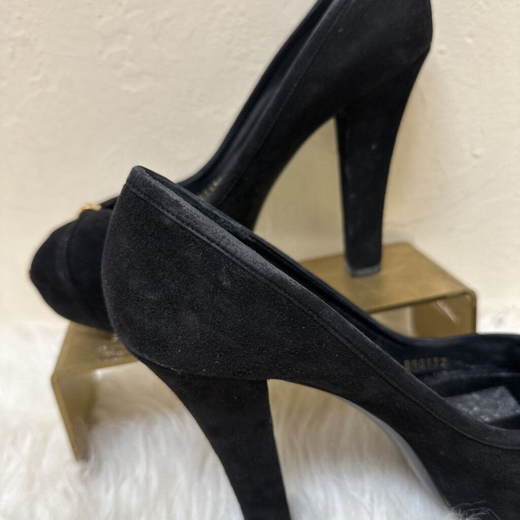 Suede Peep Toe Platform Heel w/ Gold Logo