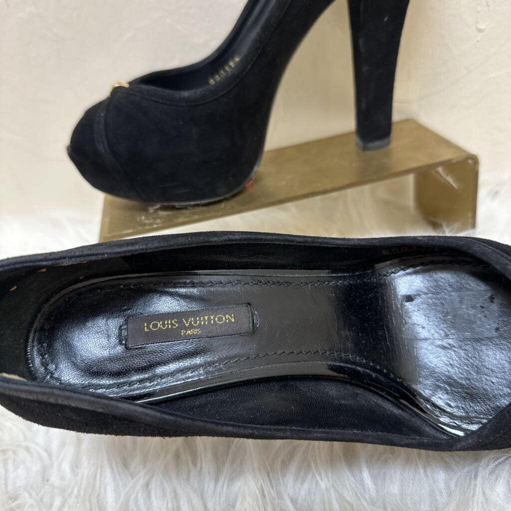 Suede Peep Toe Platform Heel w/ Gold Logo
