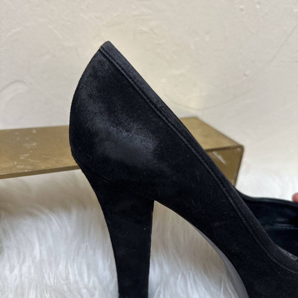 Suede Peep Toe Platform Heel w/ Gold Logo