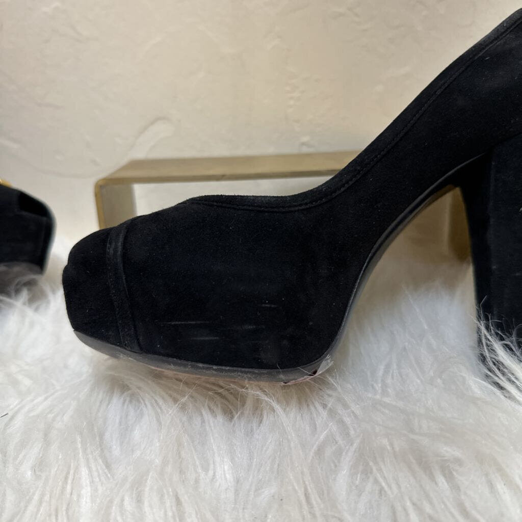 Suede Peep Toe Platform Heel w/ Gold Logo