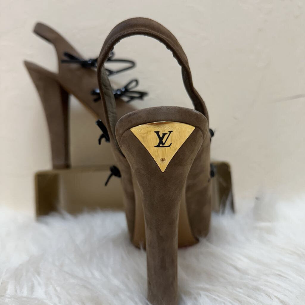 Suede Peep Toe Pump w/ Patent Leather Straps & Bows