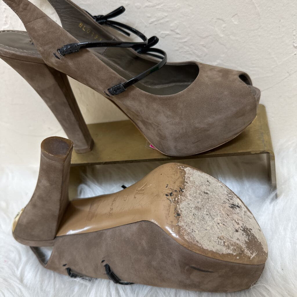 Suede Peep Toe Pump w/ Patent Leather Straps & Bows