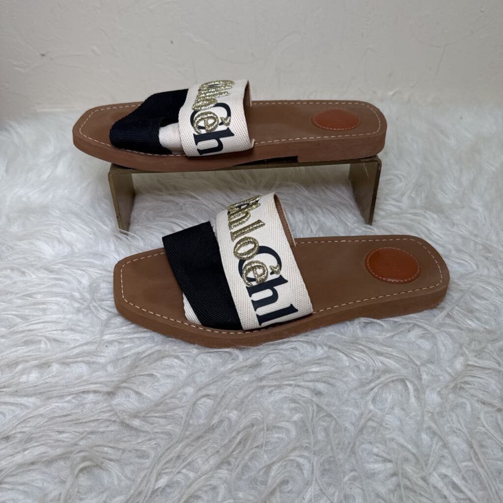 Woody Slides with Metallic Logo Accent