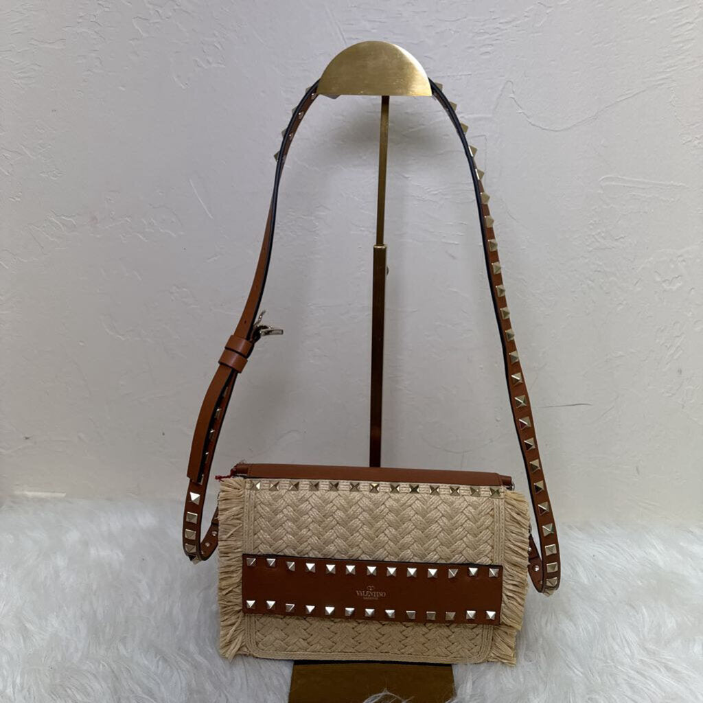 Rockstud Raffia and Leather Crossbody
