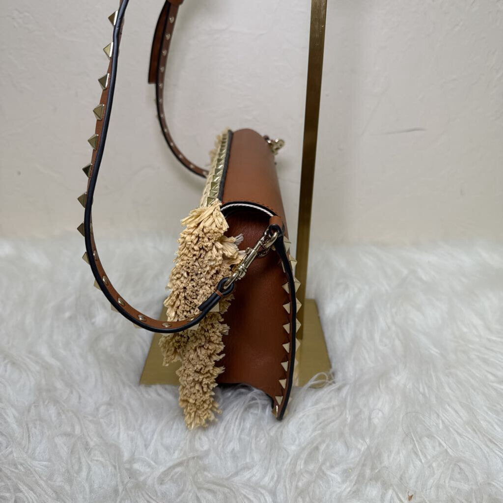 Rockstud Raffia and Leather Crossbody
