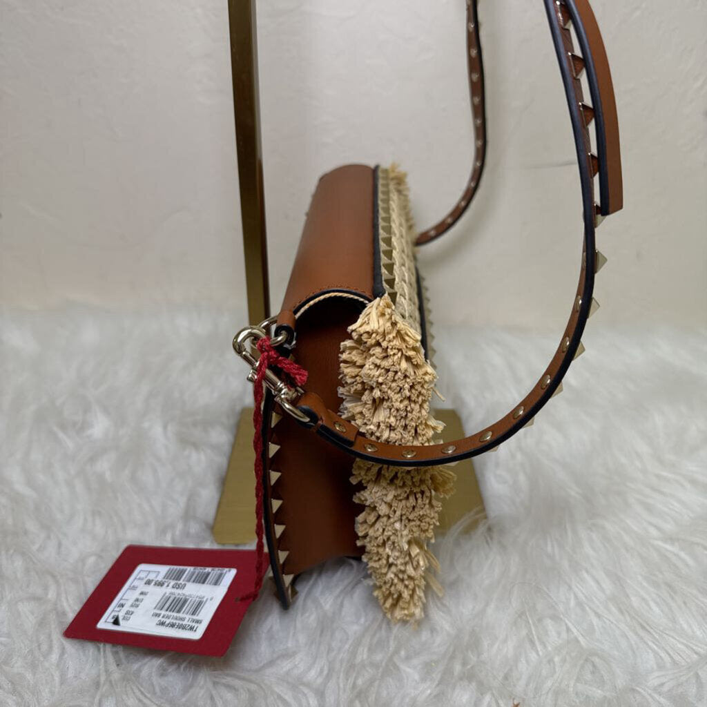 Rockstud Raffia and Leather Crossbody