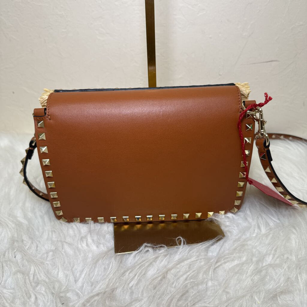 Rockstud Raffia and Leather Crossbody