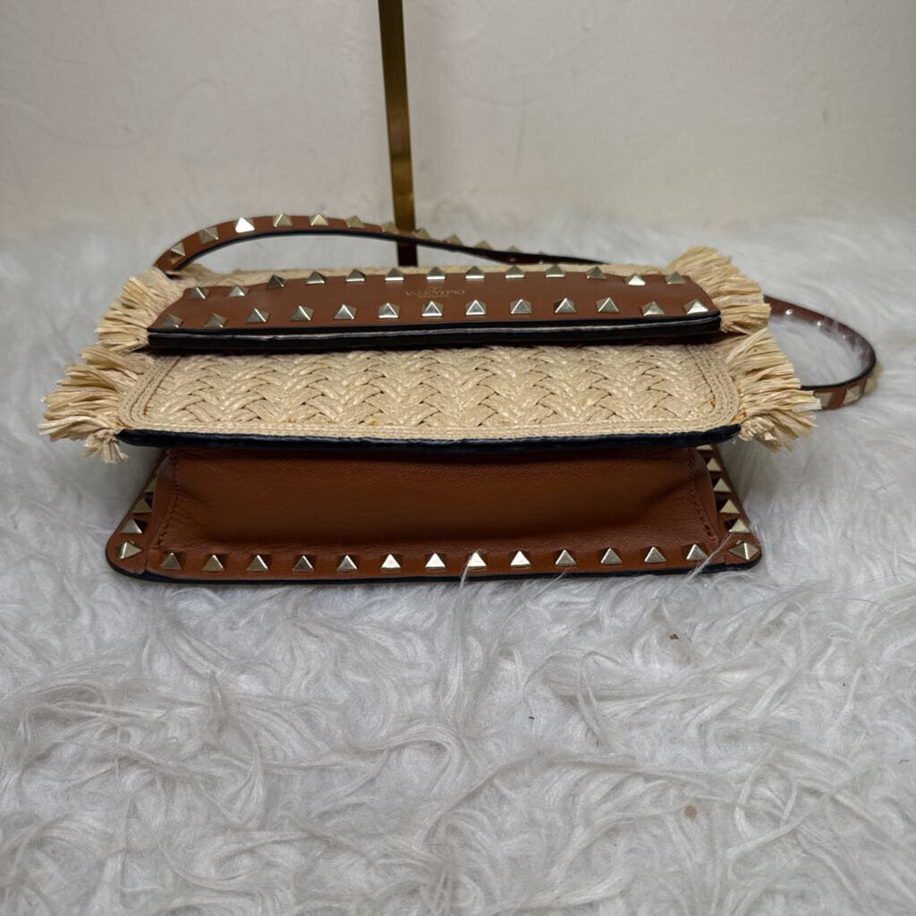 Rockstud Raffia and Leather Crossbody