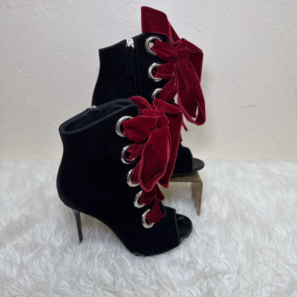 Black Velvet Stiletto Heeled Ankle Boots with Burgundy Ribbons