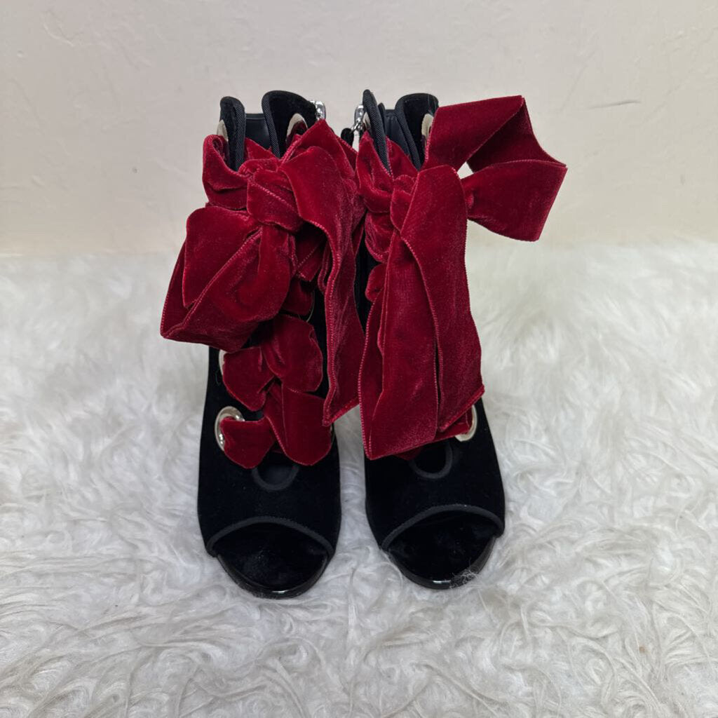 Black Velvet Stiletto Heeled Ankle Boots with Burgundy Ribbons