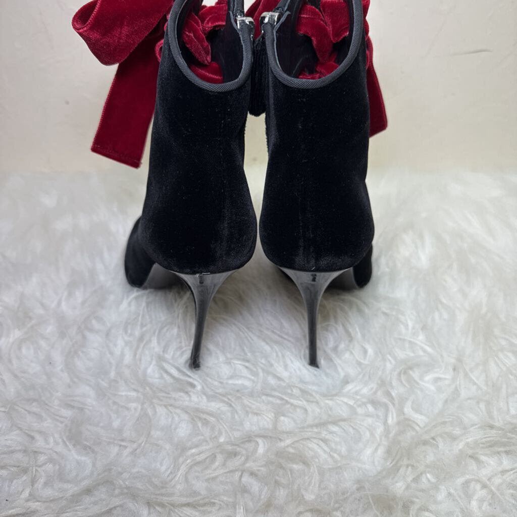 Black Velvet Stiletto Heeled Ankle Boots with Burgundy Ribbons