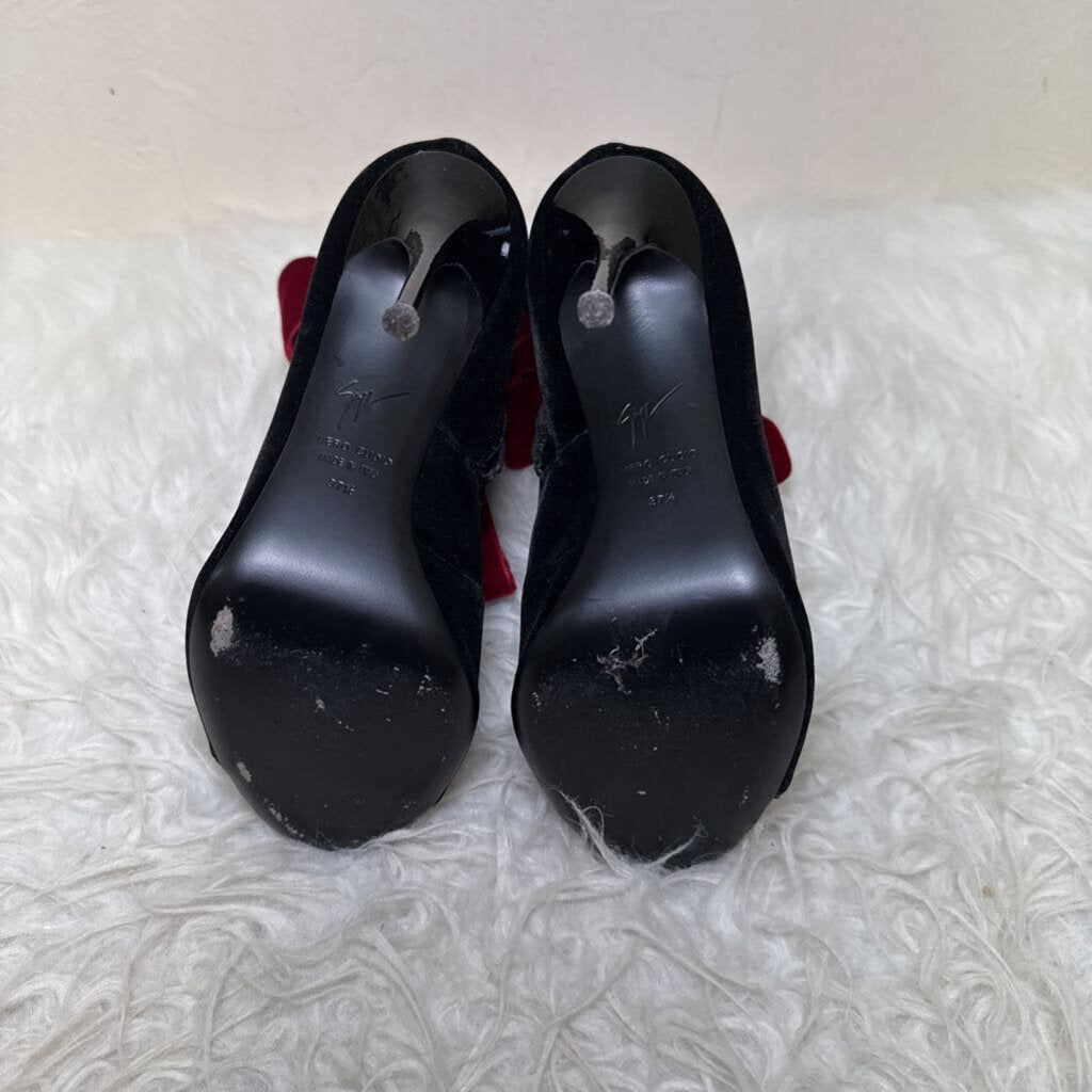Black Velvet Stiletto Heeled Ankle Boots with Burgundy Ribbons