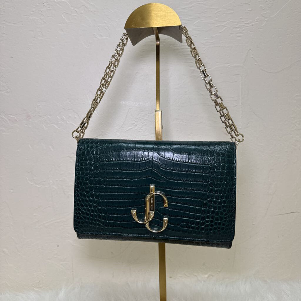 Croc Embossed Leather Clutch w/ Chain