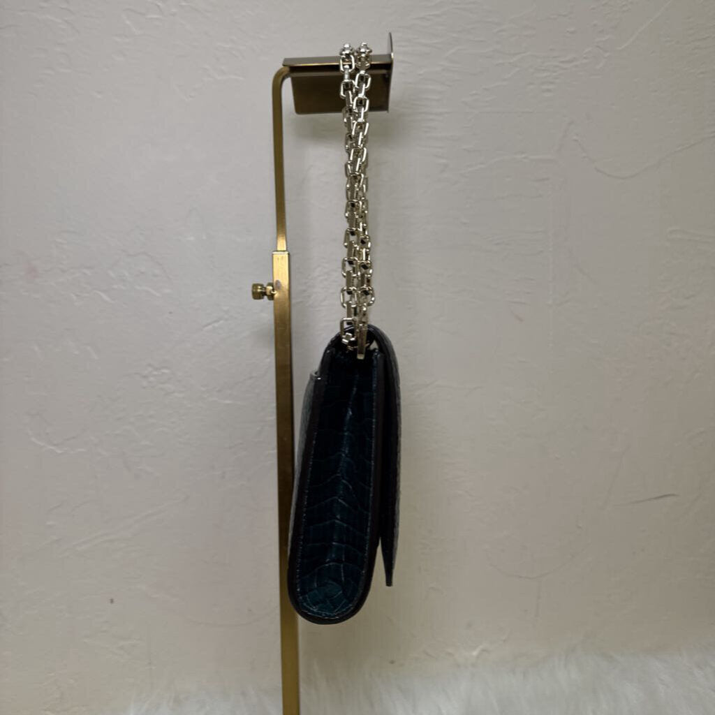Croc Embossed Leather Clutch w/ Chain