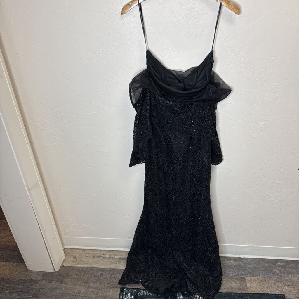 Black Sequin Off the Shoulder Gown w/ Cowl Neck