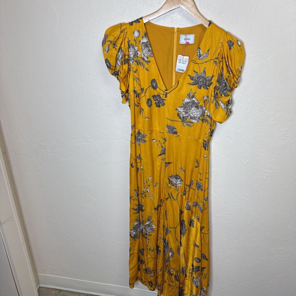 Floral Print Yellow Satin Midi Dress