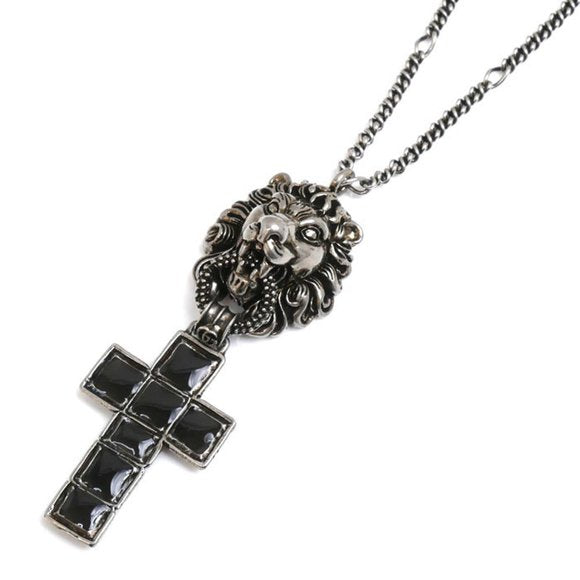 Lion Head and Cross Silver Tone Metal Necklace