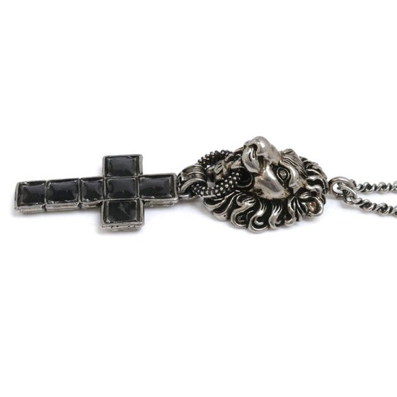 Lion Head and Cross Silver Tone Metal Necklace